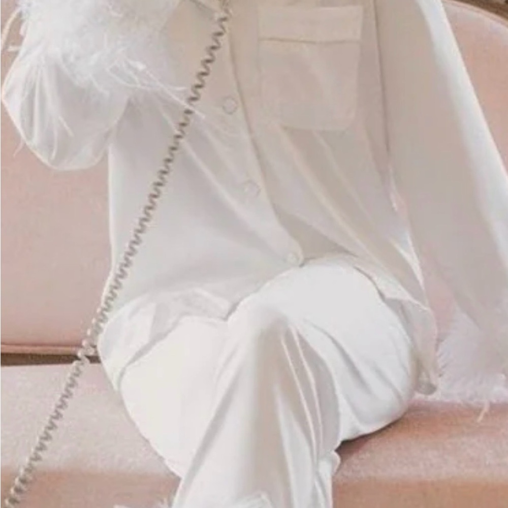 Elegant White Feather Trim Pajama Set